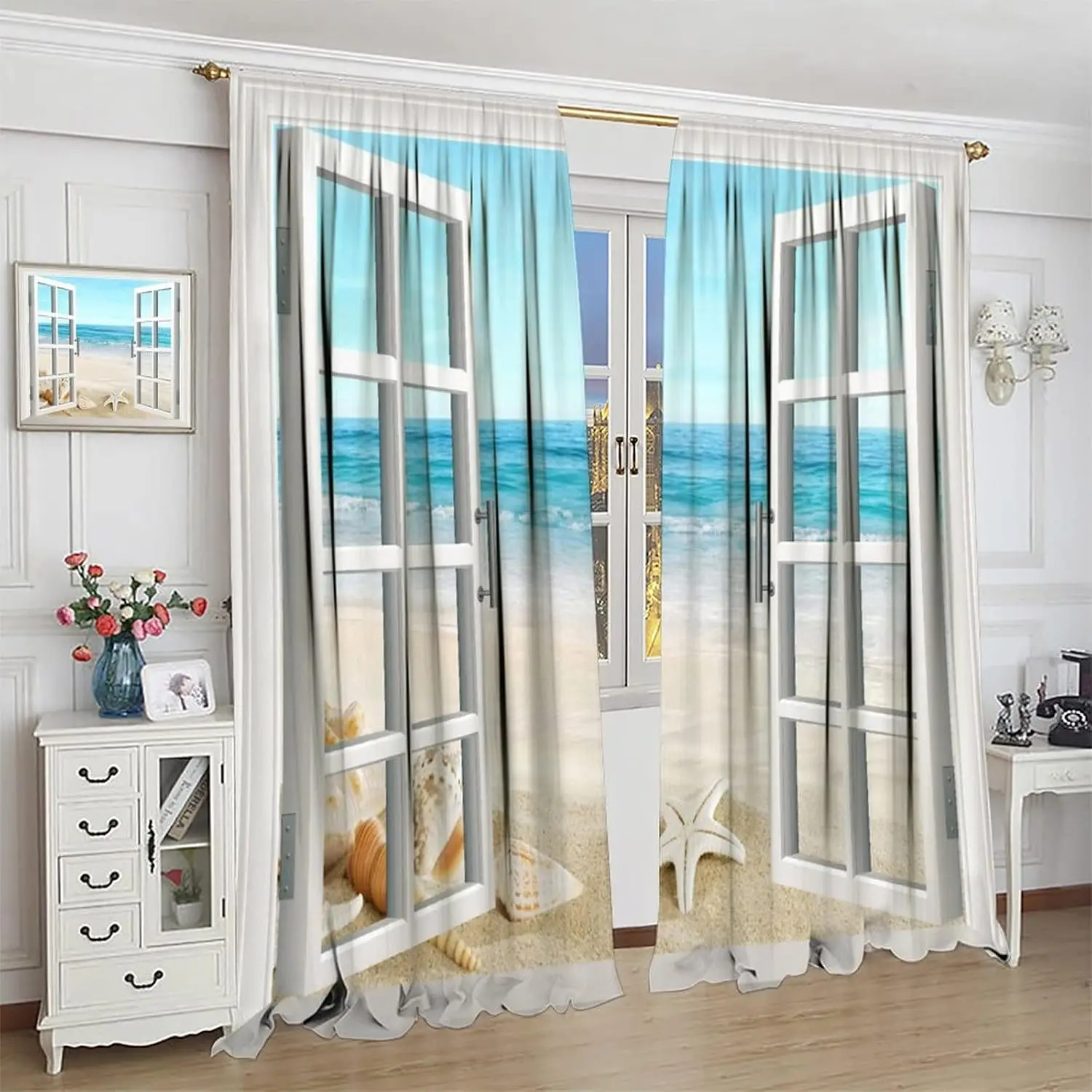 Coastal Beach Ocean View Curtains Seaside Tropical Window Drapes French Door Style Curtain Pair Bedroom Living Room Decor