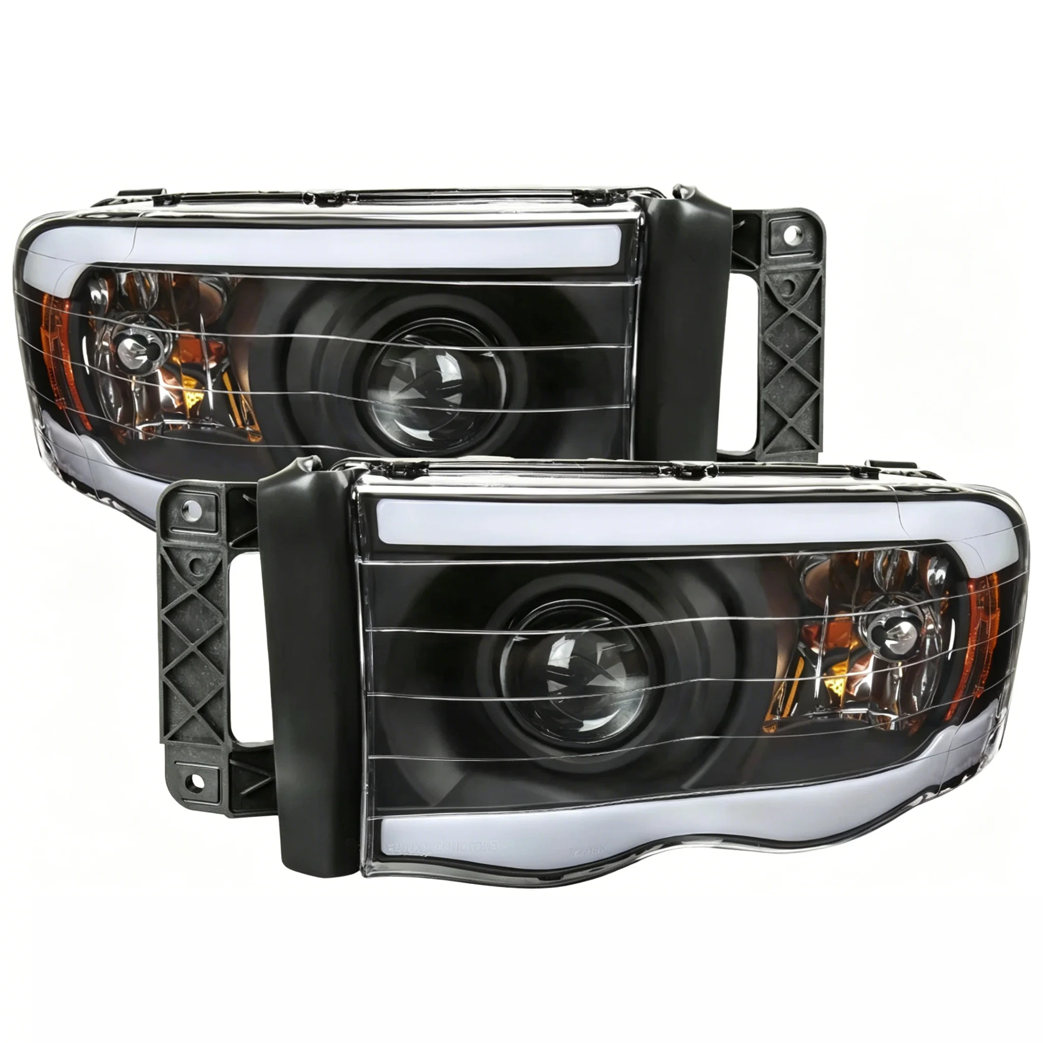 Halogen Projector Headlight LED Strip Chrome/Smoked Amber Reflector Clear for 02-05 Ram 1500 &2003-2005 2500 3500