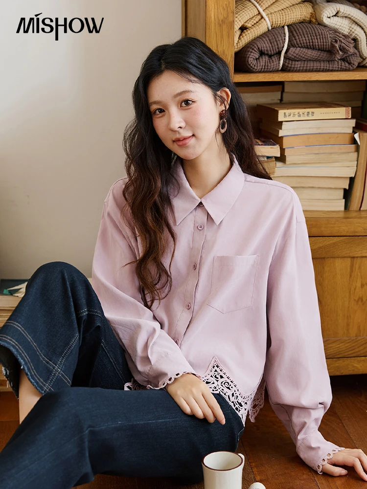 

MISHOW, женская бархатная рубашка из персиковой кожи, осень 2021, светло-фиолетовые свободные топы с вырезом по подолу, кружевные милые рубашки MXE47C2409