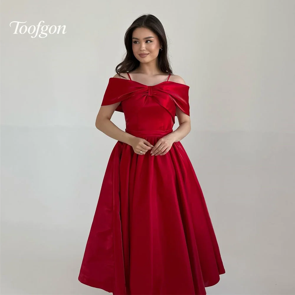 

Toofgon Red Satin Short Prom Dresses Off Shoulder Tea Length Customized Women Formal Party Gowns Special Evening Dress