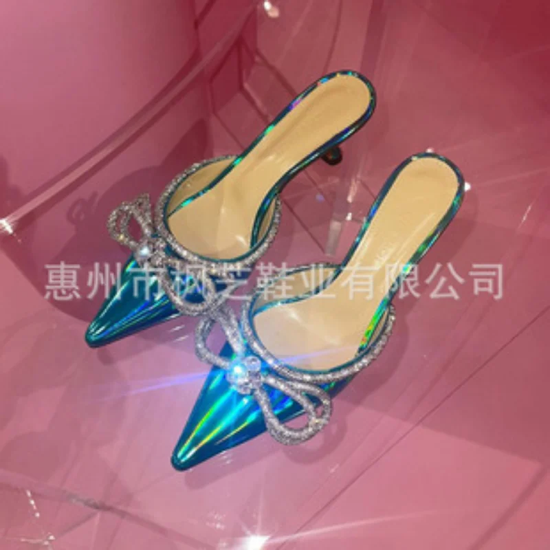 Women Pumps Office Career Summer Sequined Cloth 8CM Thin High Heels Pointed Toe Buckle Strap Butterfly-knot Solid Woman Shoes