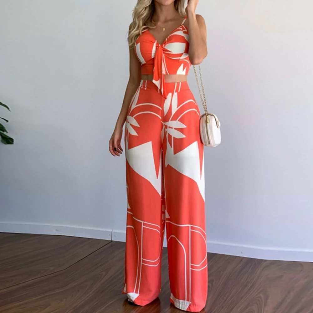 

Summer Women Sexy Leaf Print Spaghetti Strap Vest Top & High Waist Wide Leg Pants Set Tied Detail Two Piece Sets Womens Outifits