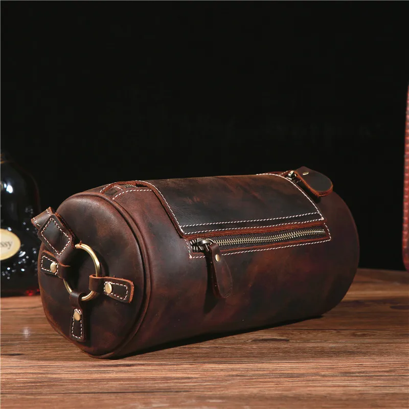 Imagem -02 - Bolsa de Balde Redondo de Couro Genuíno para Homens Cavalo Louco Retrô um Ombro Bolsa Tiracolo Masculina Bolsa de Couro Pequena na Moda