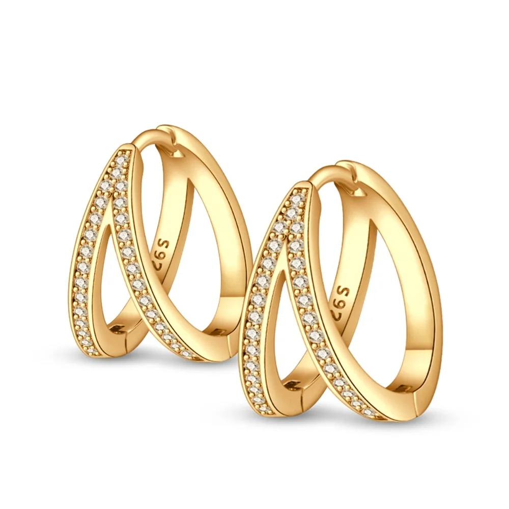 

Classic 925 Sterling Silver Set Pavé Double Round K Gold Earrings For Women's Rock Party Jewelry Accessories