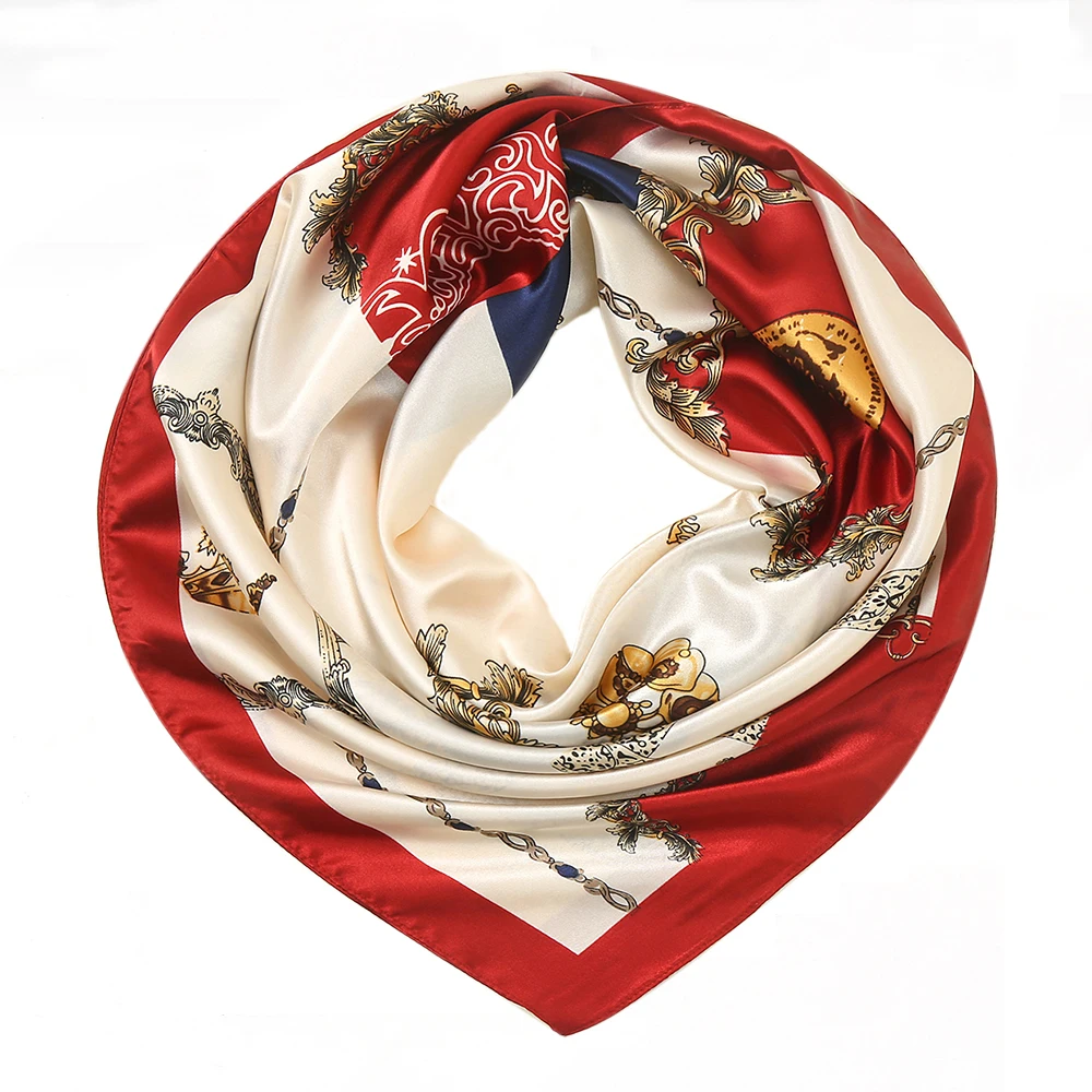 New Patchwork Chain Print Hijab Kerchief Silk Satin Square Scarf Bandana Soft Muslim Headscarf Lady Headband Foulard Bag Ribbon