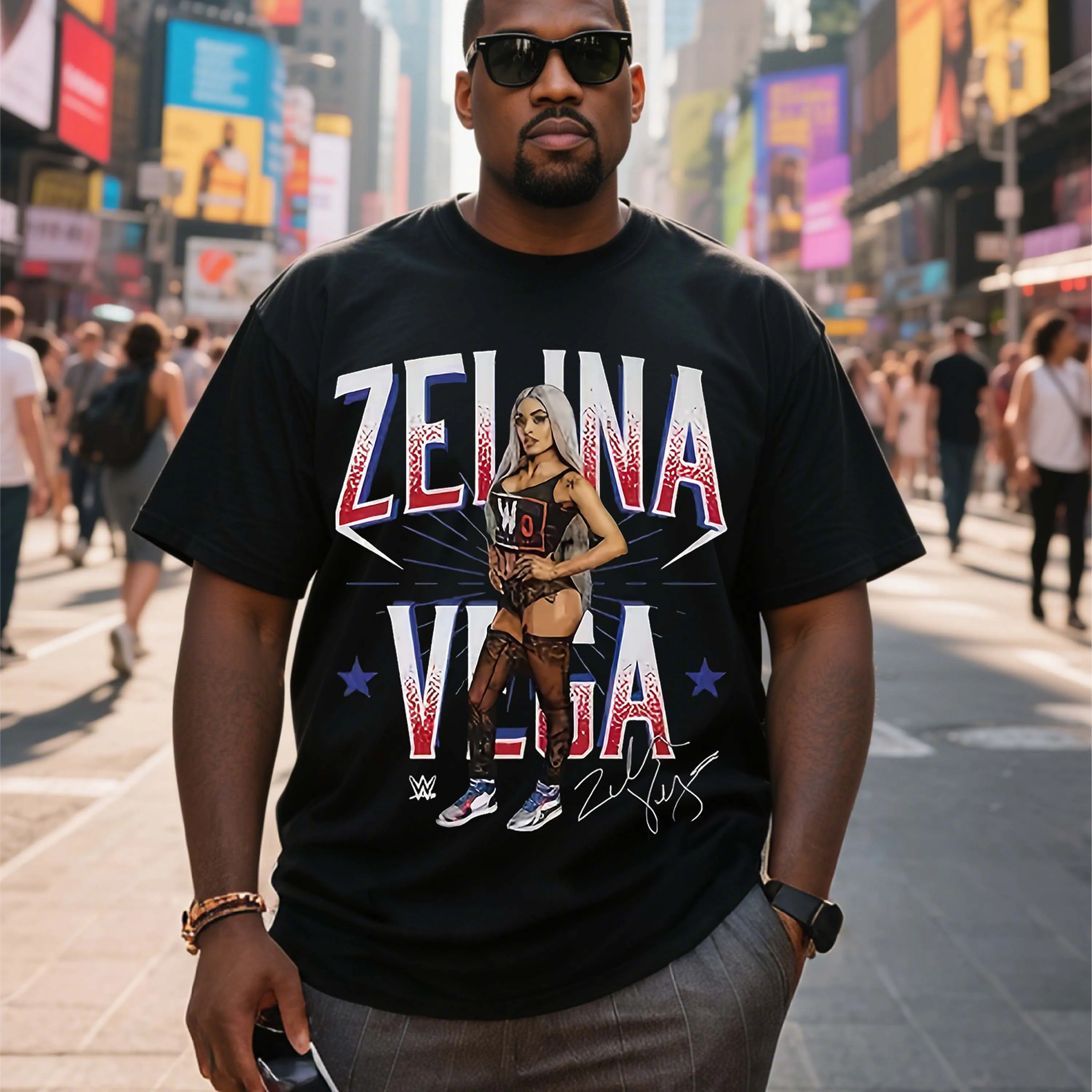 Czarna koszulka męska z krótkim rękawem w dużych rozmiarach z grafiką Zeliny Vega, odpowiednia do noszenia na świeżym powietrzu w lecie.
