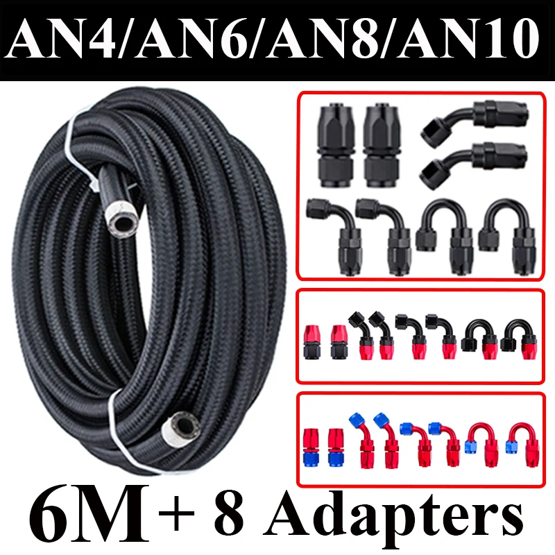 

6M AN4 AN6 AN8 AN10 Fuel Hose Oil Gas Cooler Hose Line Pipe Tube Nylon CPE Rubber + 0 45 90 180 Degree Swivel Hose End Fittings