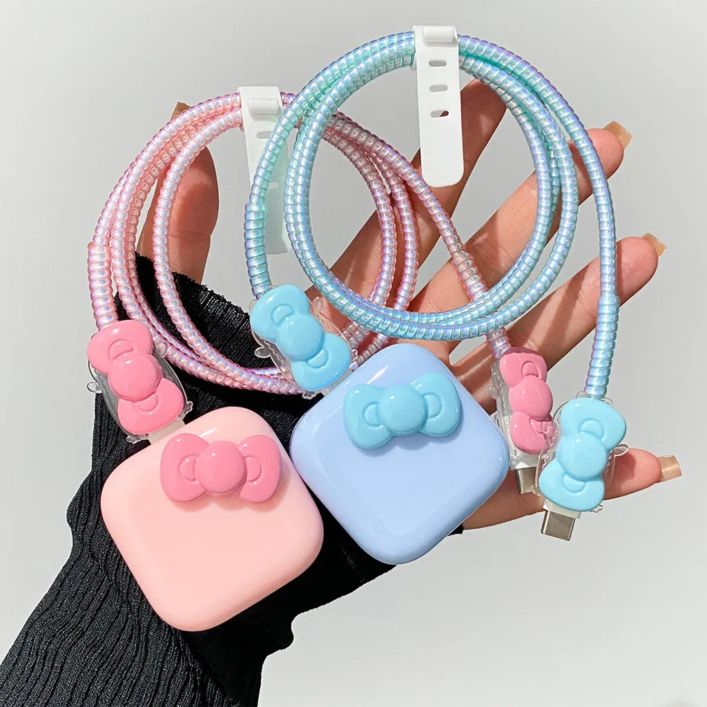 DIY Pink Bow Protective Sleeve for Apple 40W Fast Charger Data Cable Protective Case Laser Wire Organizer