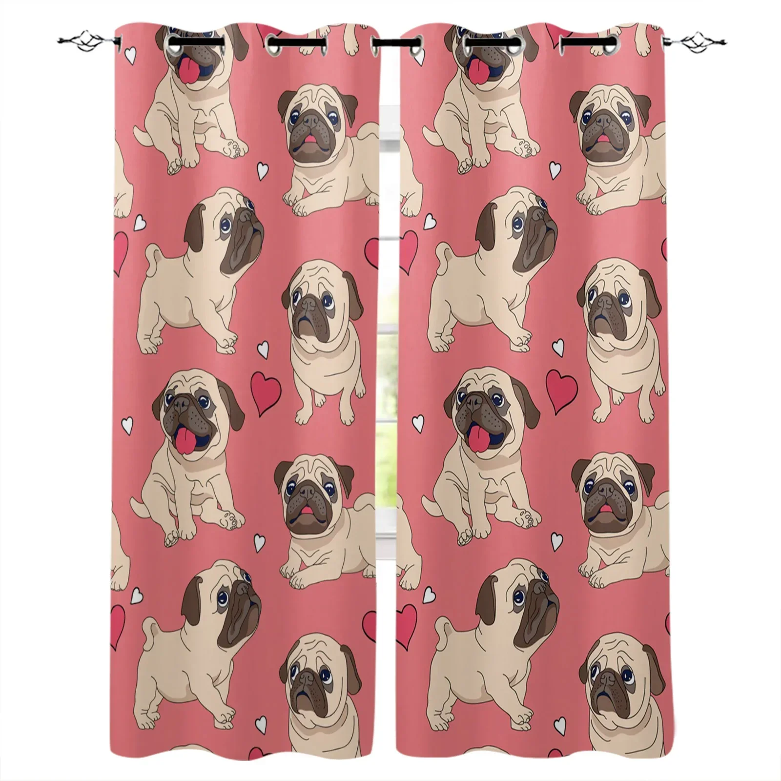 Animal Rosa Pug amor mascotas perro cortinas opacas cortinas de ventana para dormitorio decoración para sala de estar tratamientos de ventana