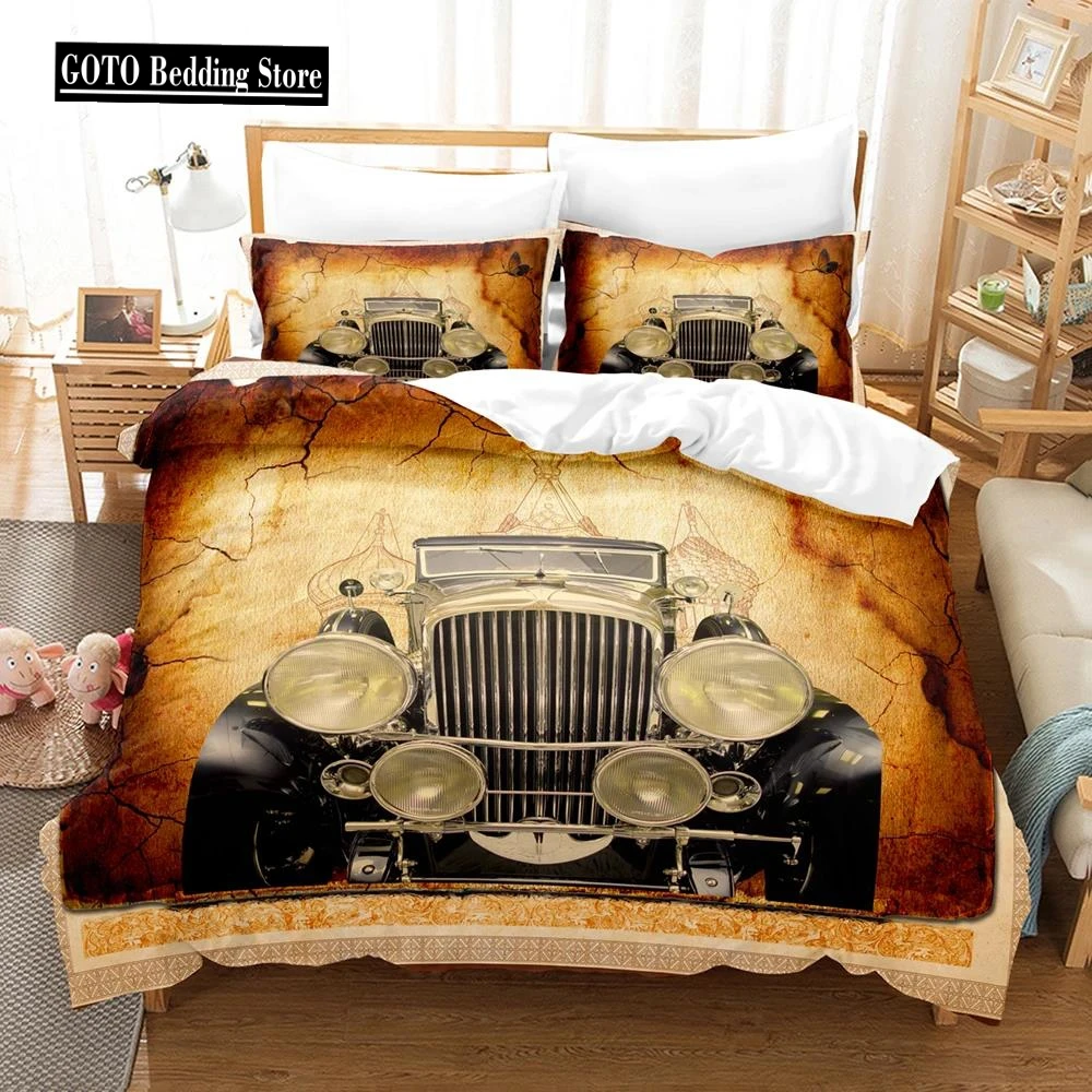 

3d Vintage Car Including Duvet Cover Set with Pillowcases Microfiber 2/3pcs Cool Sports Car Bed Comforter Set for King Bedding