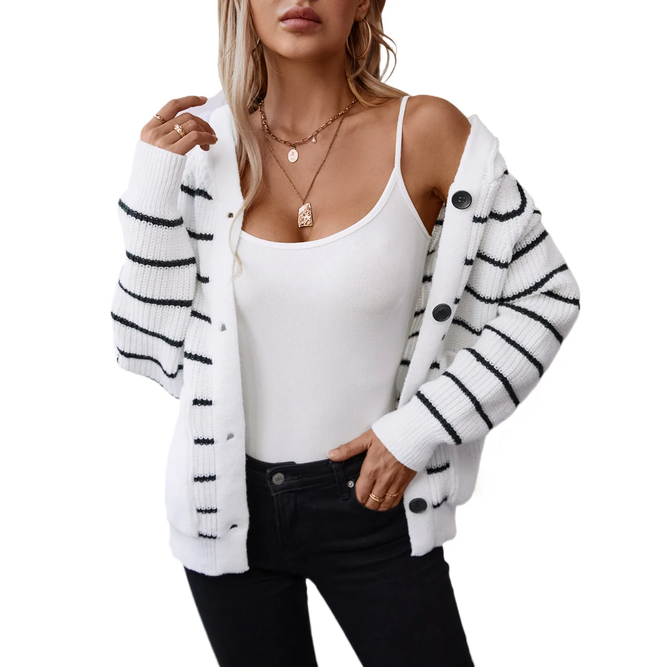 

Cross-border hooded striped knitted cardigan women's 2024 autumn and winter loose casual versatile pocket sweater jacket