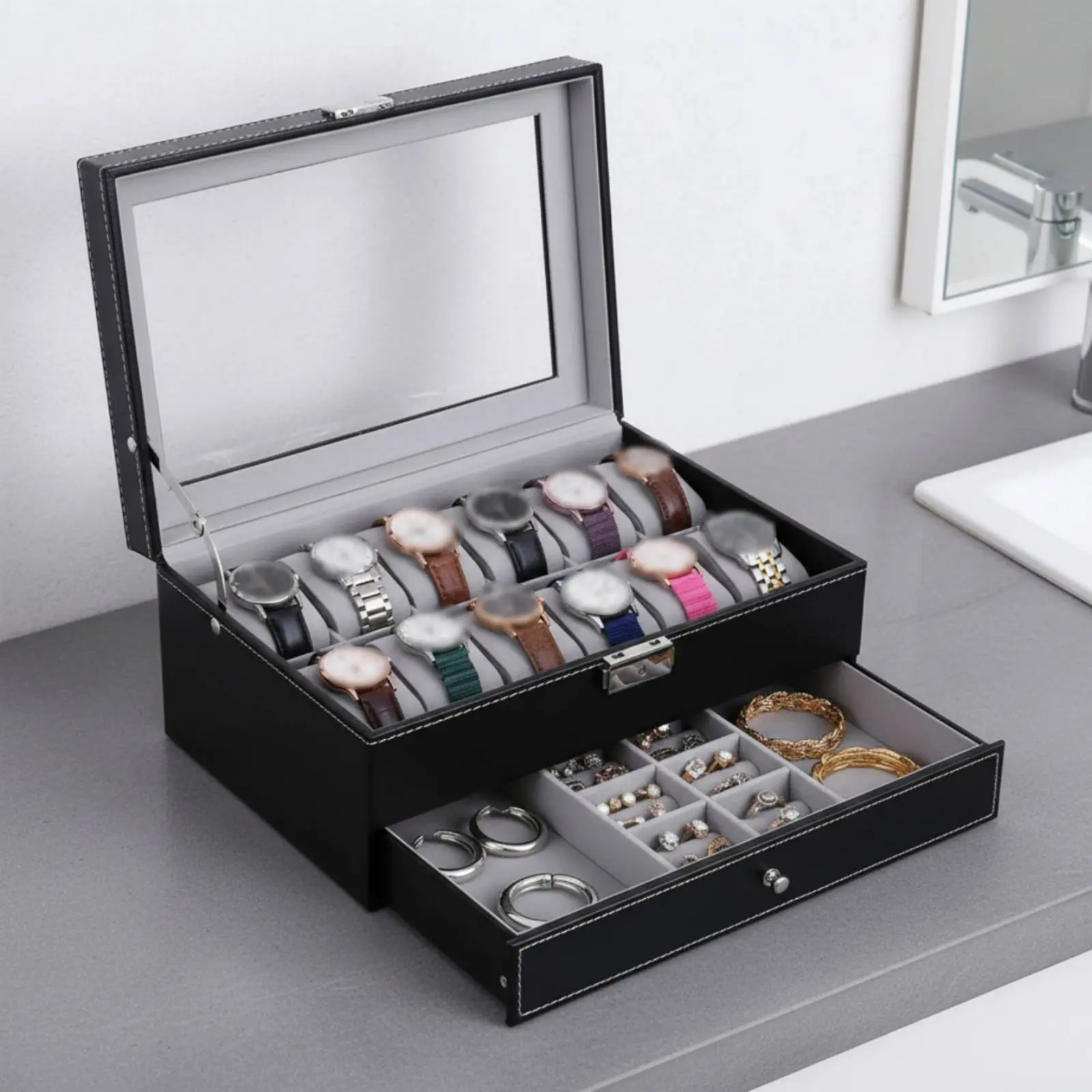 

Двухуровневая шкатулка для часов и украшений с мягкой внутренней отделкой, 12-секционный футляр для часов, двухуровневый органайзер для украшений, надежная металлическая застежка