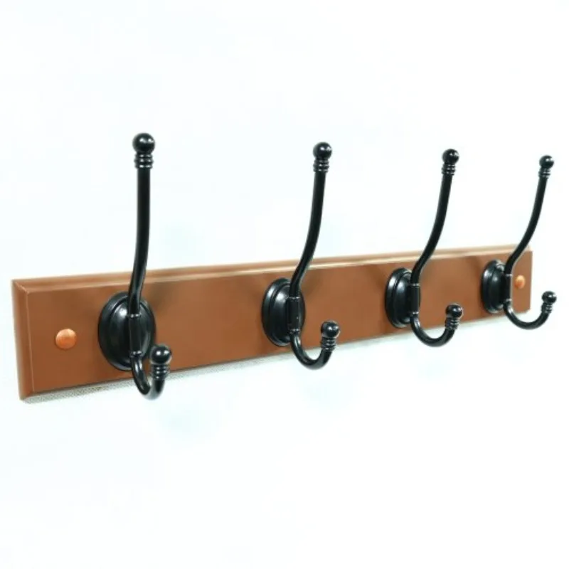 Wholesale brown wall-mounted coat rack with 4 heavy-duty black double hooks, hot-selling coat hangers