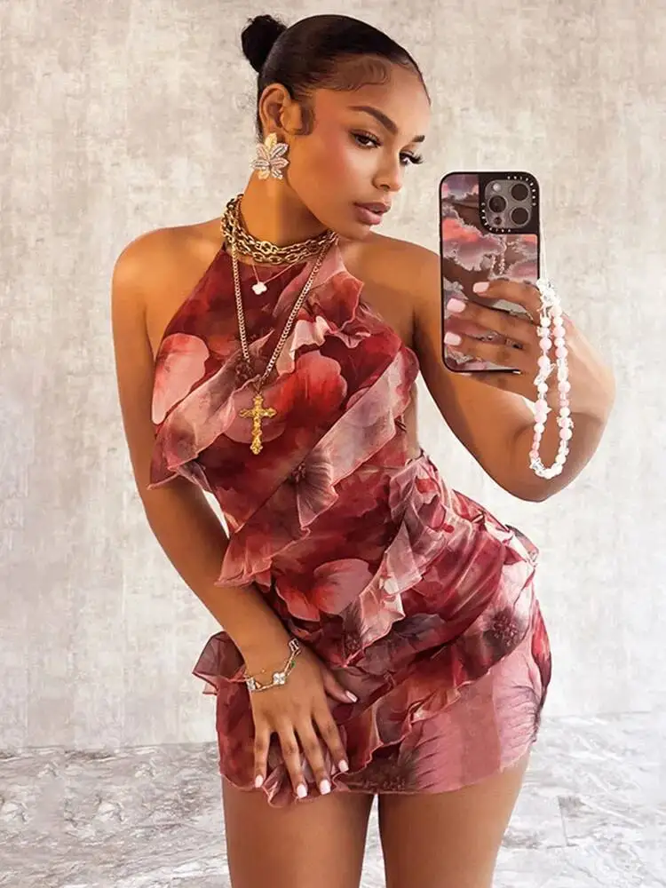 

Мини-платье с цветочным принтом и оборками, женское сексуальное платье с лямкой на шее и открытой спиной, корректирующее фигуру, отпускные платья, летние каникулы, пляж