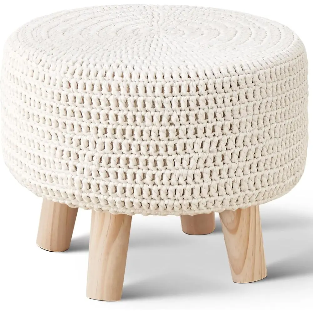 

Pou Ottoman, 100% Cotton Knitted Boho ootstool, Round ootrest with Non-Skid Wood Legs, Home Décor Handmade Poue, Leisure loor St