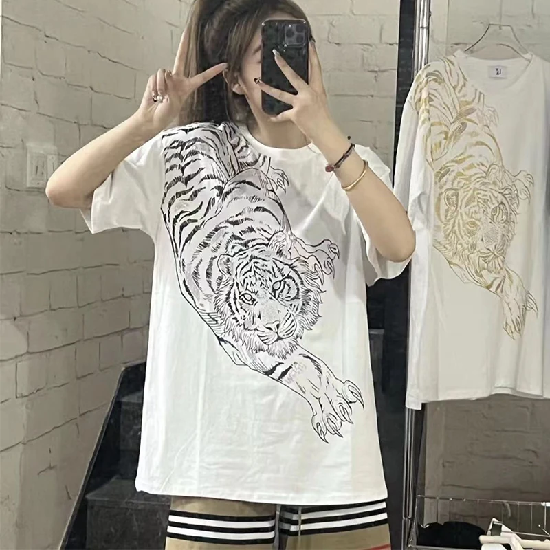 

Summer New Fashion Loose Casual Tiger Printing Diamonds Cotton T-shirt Ladies Short Sleeve Comfortable Tee Women Oversized Tops