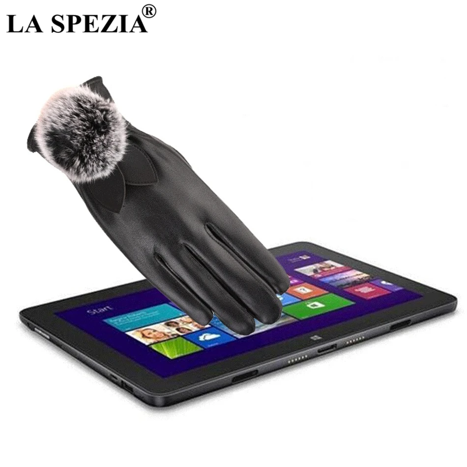 LA SPEZIA Leather Gloves Women Winter Rabbit Fur Pom Pom Gloves Pink PU Fleece Ladies Elegant Windproof Touchscreen Mittens