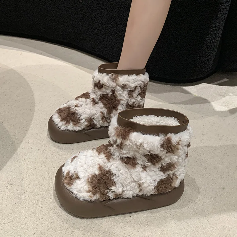 

Kawaii White Black Cow Fluffy Boots Winter 2025 Chunky Platform Thick Long Plush Snow Boots Women Leopard Furry Fur Ankle Boots