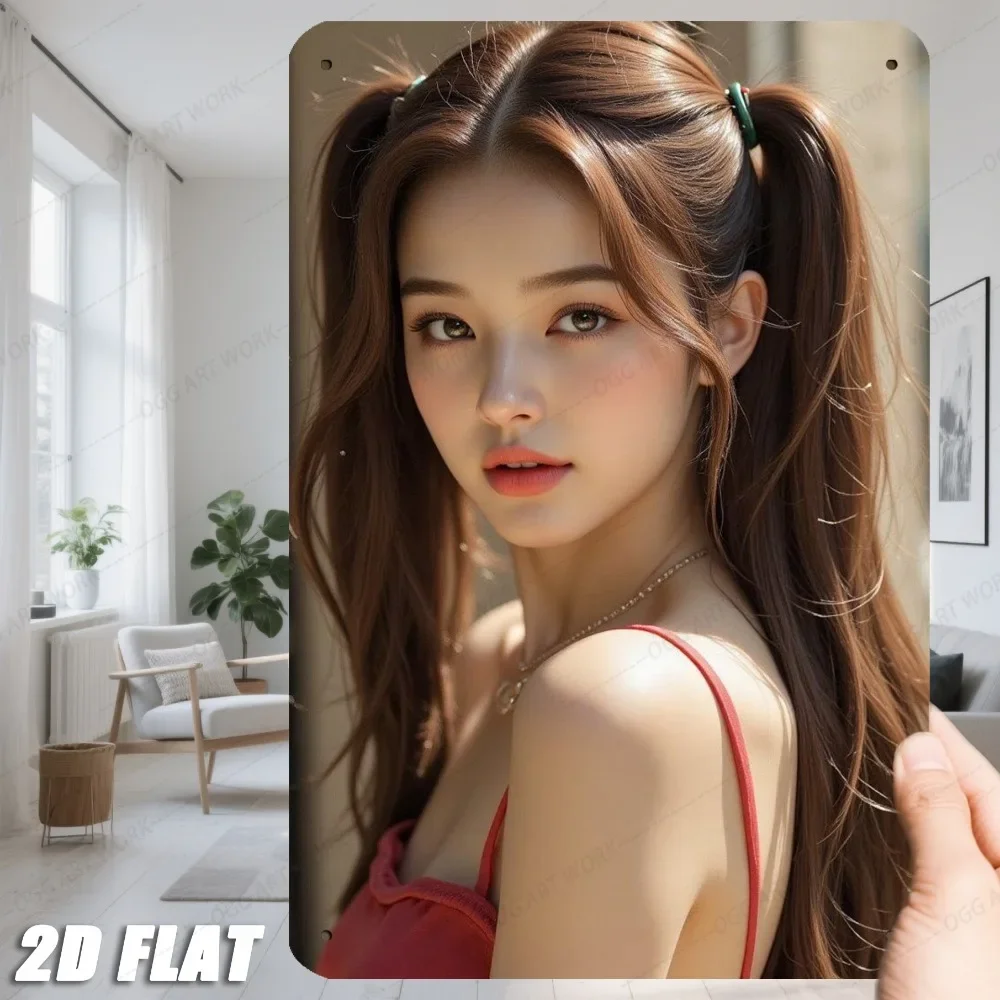 CIFBUY Beautiful Woman Metal Sign Aluminum Portrait Poster Girl Pigtails Round Wall Art Decor Bedroom Living Room Wall Hanging