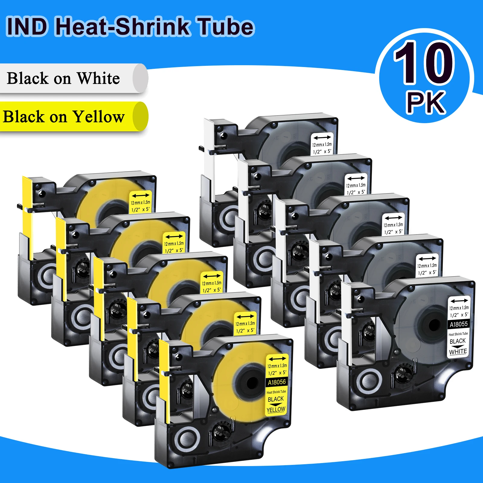 

3-10PCS IND Heat-Shrink Tube Labels Compatible for Dymo A18055 A18056 6/9/12/19/24mm Tape For DYMO Rhino 4200 5000 Label Printer