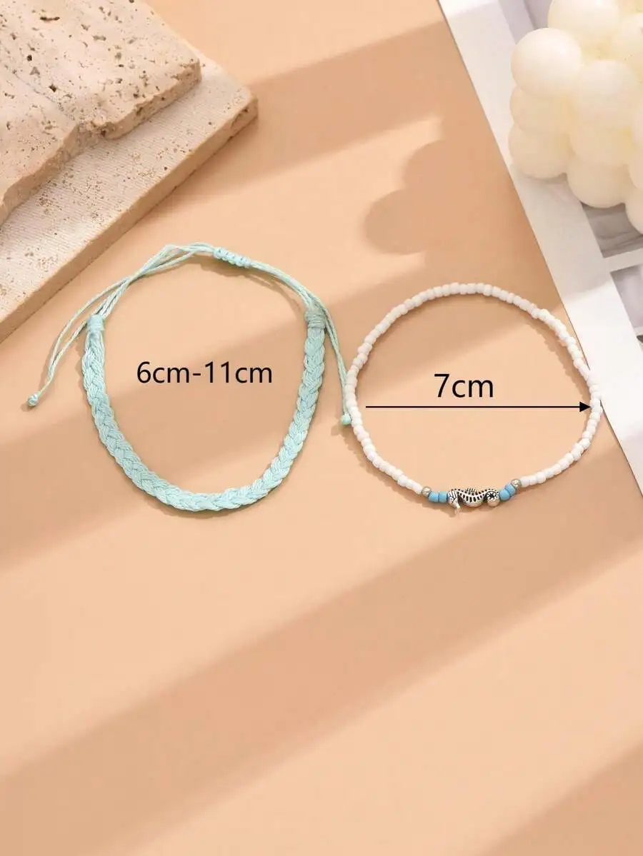 

Two Boho-Inspired Adjustable Anklets: Mint Braided Rope + White Beaded Strand With Starfish Charm For Coastal Vibes