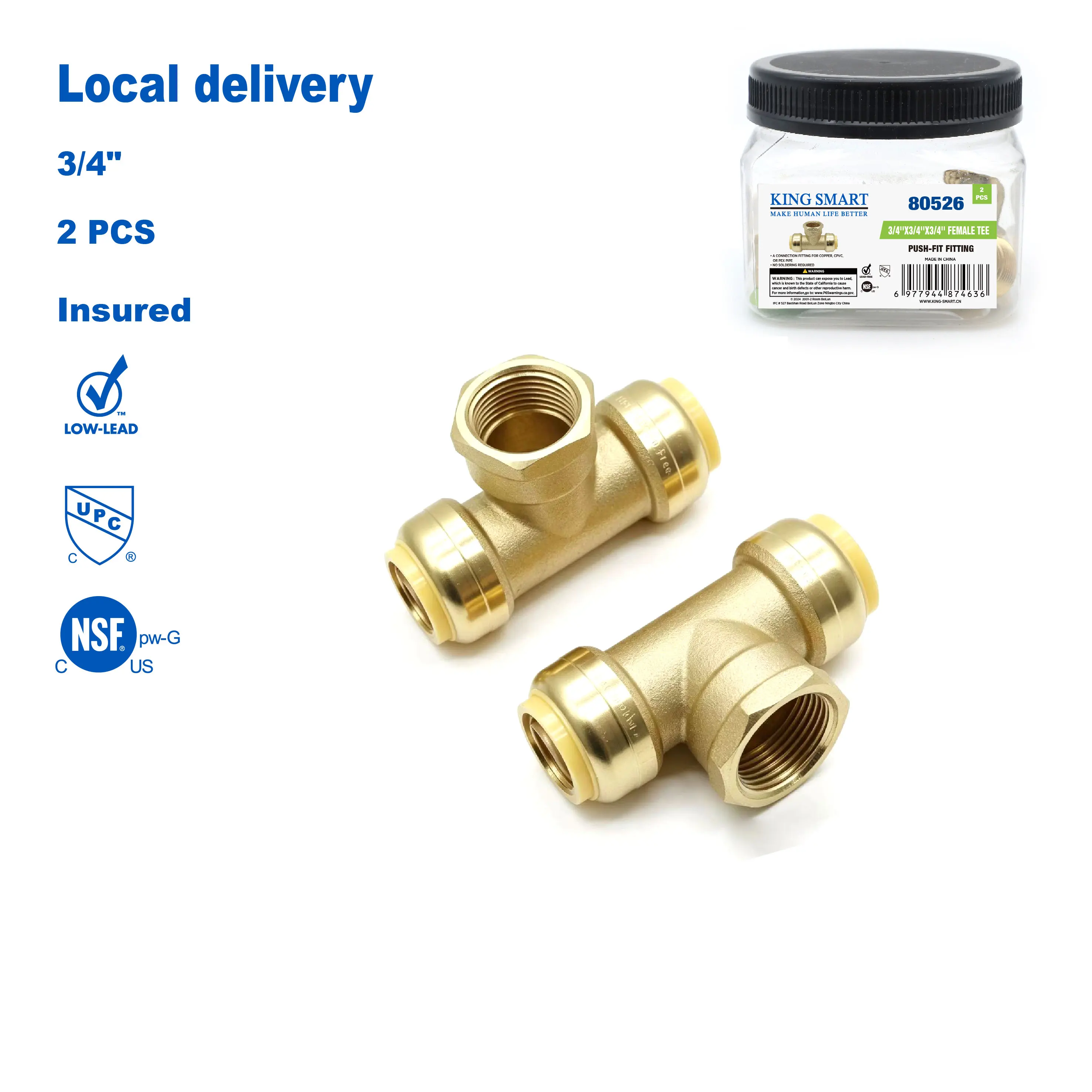 KING SMART 3/4''PUSHX3/4''PUSHX3/4''FNPT FEMALE TEE LEAD FREE; 2 Pcs/Case; Lead Free Brass; 80526