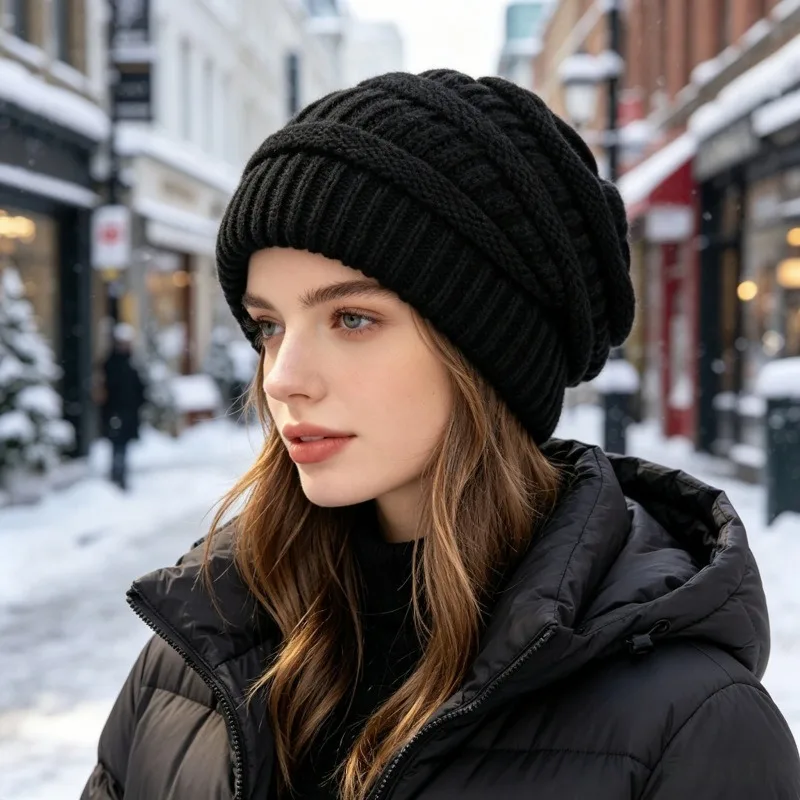 Knitted Hat Warm Windproof Casual Thick Chunky Line Ski Skull Beanie Men Women Winter Outdoor Fleece Cap