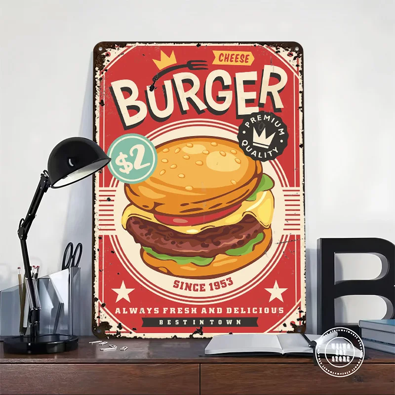 Retro Cheese Burger Illustration Printed Poster Customized Wall Art Retro Vintage Metal Tin Signs for Home Decoration Gaming