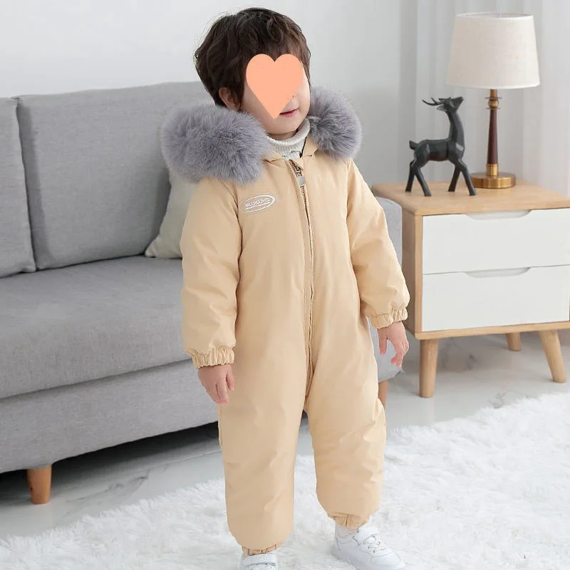 2024 Winter Baby Boy Romper Thickened Warm Hooded Children Jumpsuit Fashionable Outdoor Kids Girls Clothing Comfort Down Coat