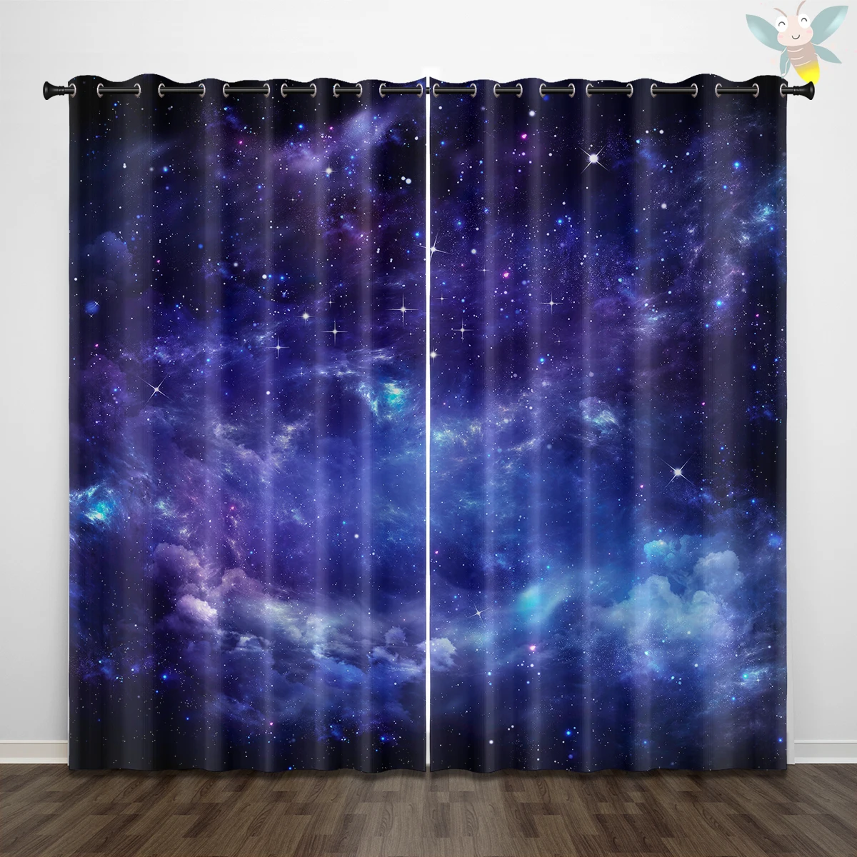 2PC high blackout perforated polyester curtain, double-sided matte, left and right double opening, blue purple nebula galaxy