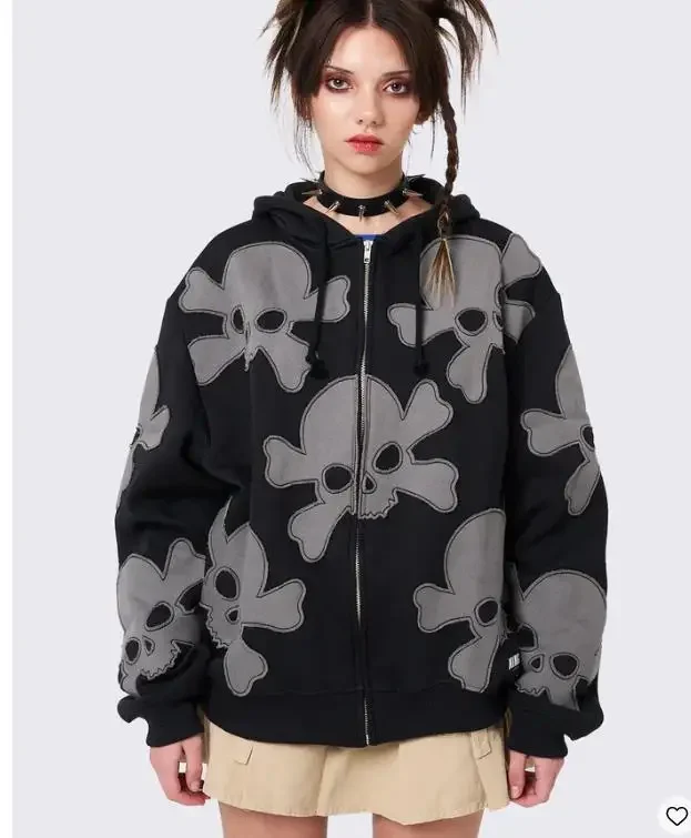 Women'S Spring and Autumn Loose Gothic Long Sleeved Skull Cross Print Pullover  Black High Street Casual Sportswear