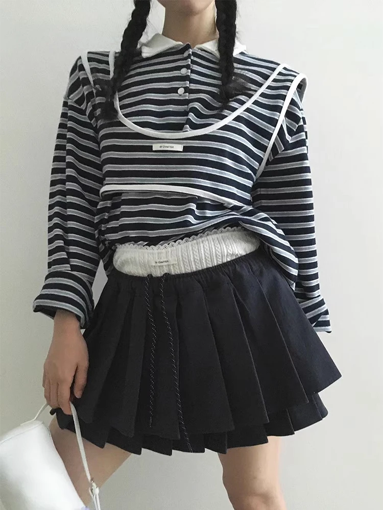 세련된 가을 빈티지 프레피 스트라이프 롱 Sve T-irt 여성 + 레이어드 버튼 업 오르트 조끼 Faionable Ensemble