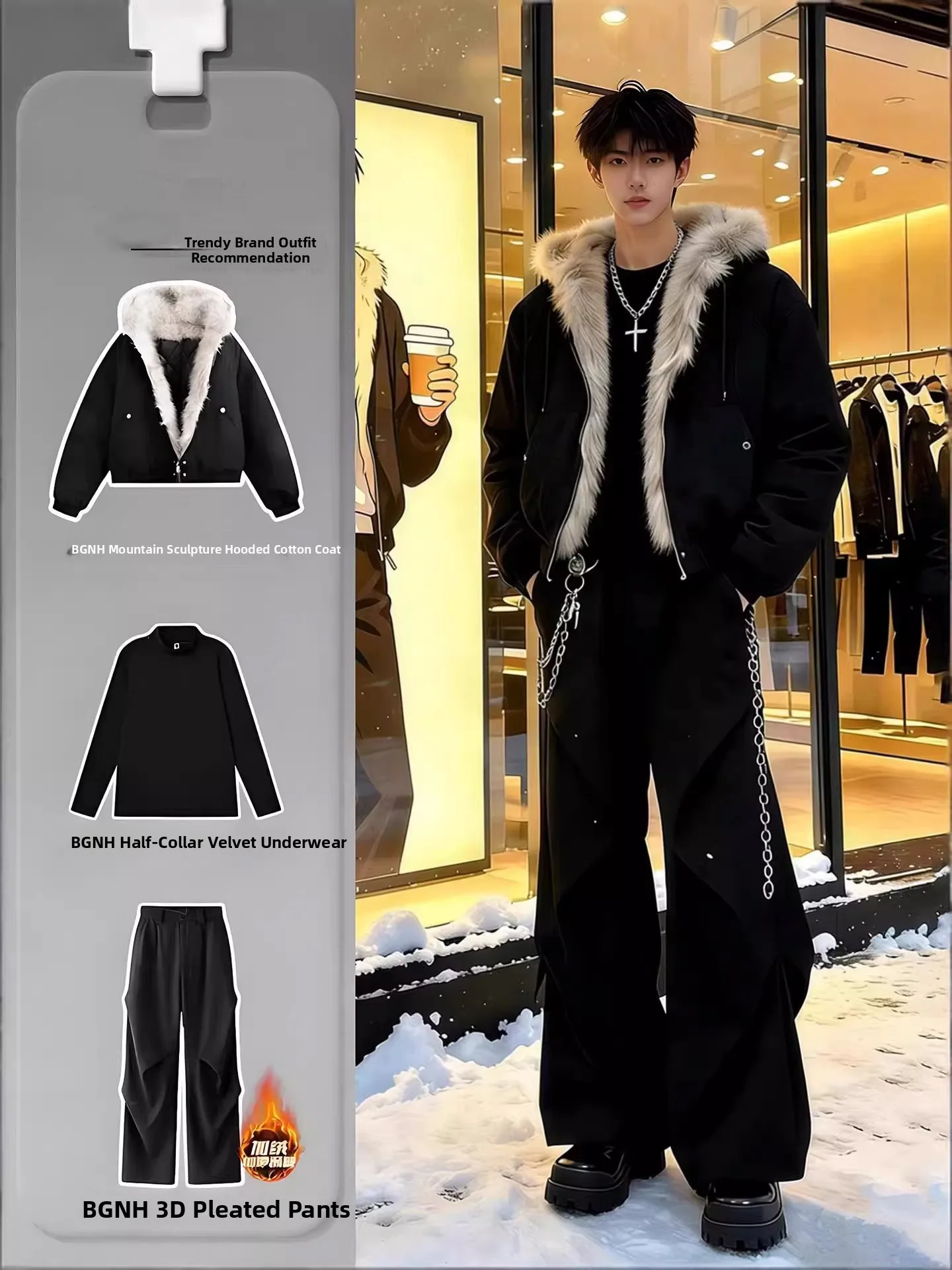 

Зимний модный мужской комплект: куртка с капюшоном и меховым воротником, а также брюки из флиса. Стильный молодежный комплект с длинными рукавами и длинными брюками.