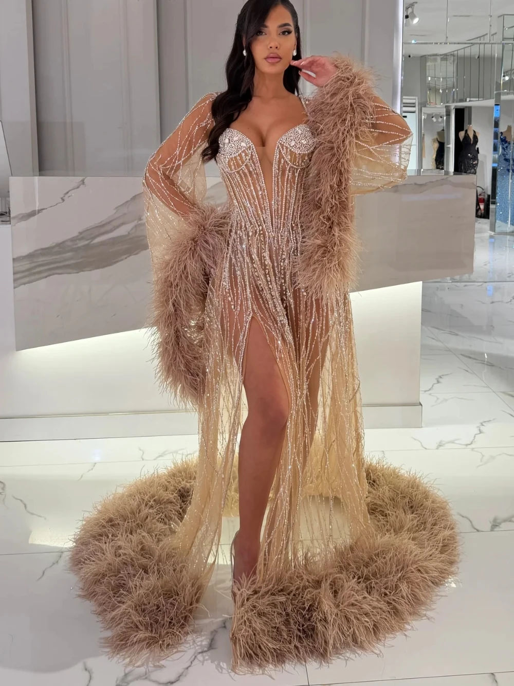 Luxury Champagne Sheer Long Sleeve Mermaid Evening Gown Crystal Sequined Feather Ostrich Trim High Slit Trailing Formal Dress