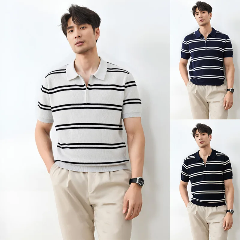 Summer Striped Half-Zip Lapel Ice Silk Short Sleeve Knit Polo Shirt Men's Premium Business Casual Top