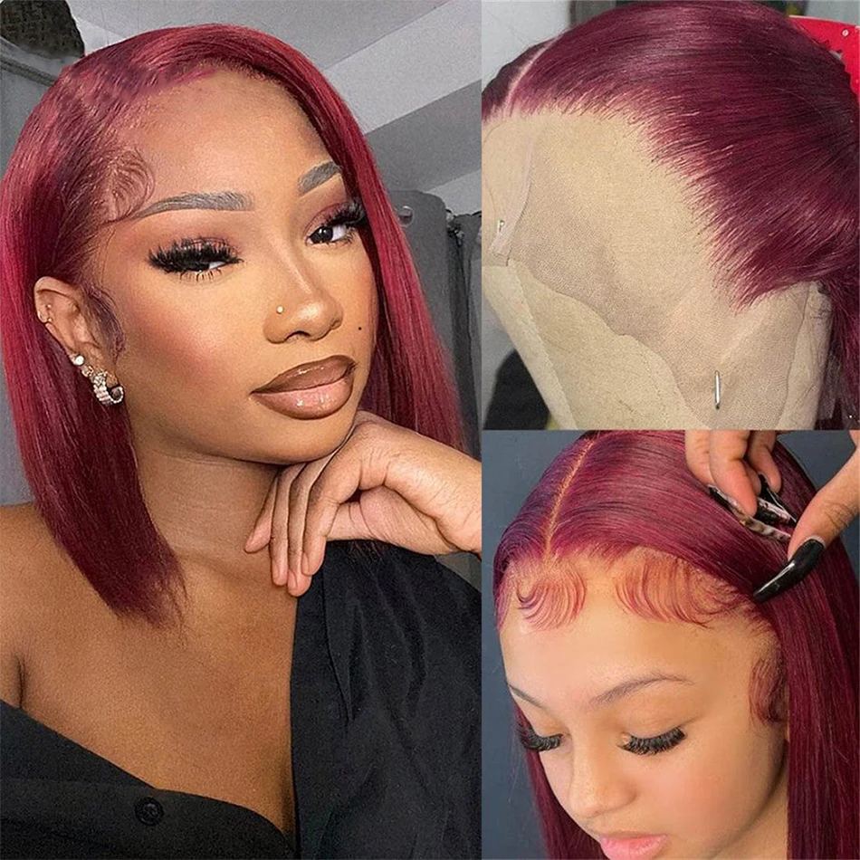 99J Burgundy 200% Straight Short Bob 13x4 Lace Frontal Human Hair Wig Remy Transparent Lace Front Wig 12 Inch Bob Wigs For Women