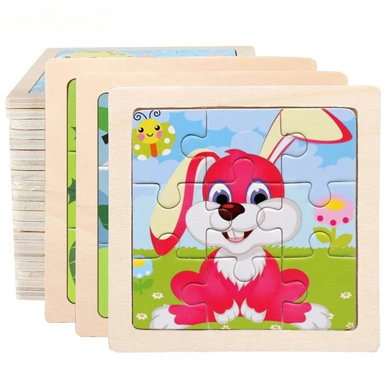 11cm/4.33in Kids Wooden Jigsaw Puzzle Games Cartoon Animal Vehicle Pattern Children Montessori Educational Toys