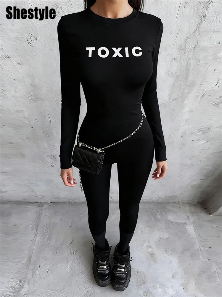 

Shestyle Letter Print Black Jumpsuits Women Skinny Workout Fitness Round Neck Back Zipper Winter 2026 Exercise Clothes Holiday