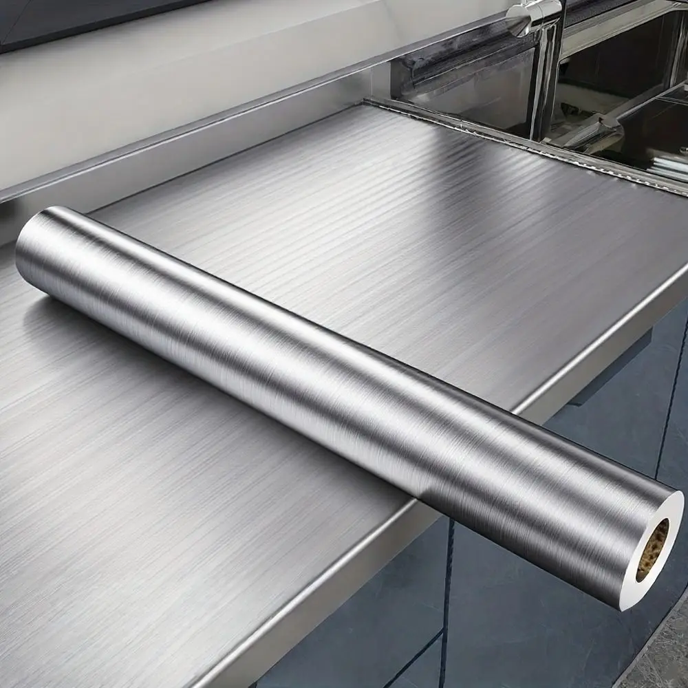 

PVC Material Wallpaper Decor Film Stainless Brushed Silver Oil-Proof Removable Wallpaper 40 cm Width Waterproof Vinyl Wallpaper