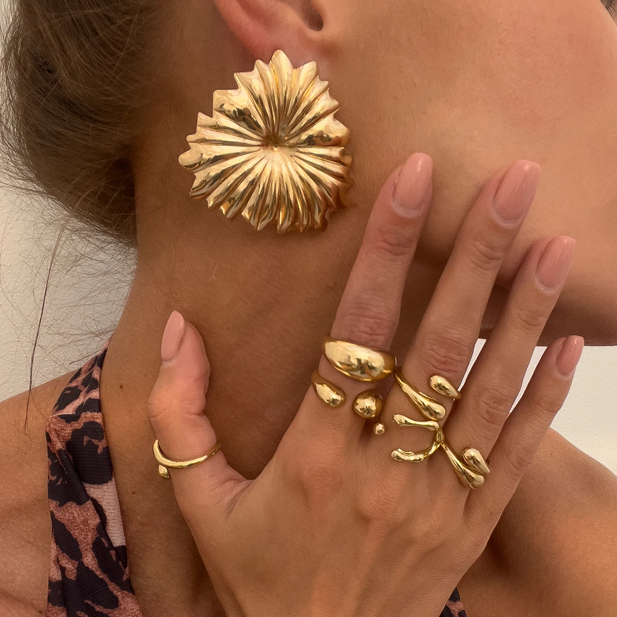 KunJoe 5Pcs Trendy Geometric Smooth Wide Gold Color Open Ring Set for Women Hip Hop X-Shaped Water Drop Adjustable Knuckle Ring