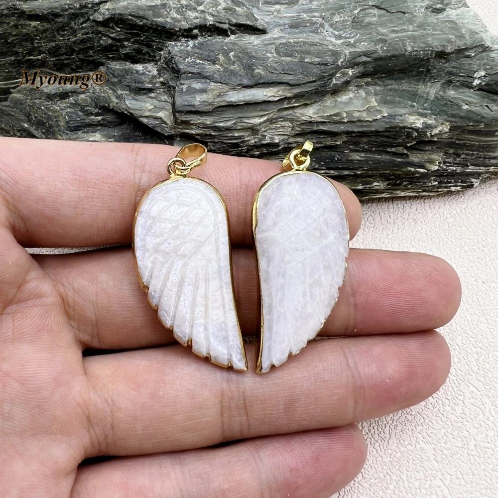 10PCS Wholesale Carved Wing Shape Natural White Moonstone Green Aventurine Jades Necklace Pendant MY230761