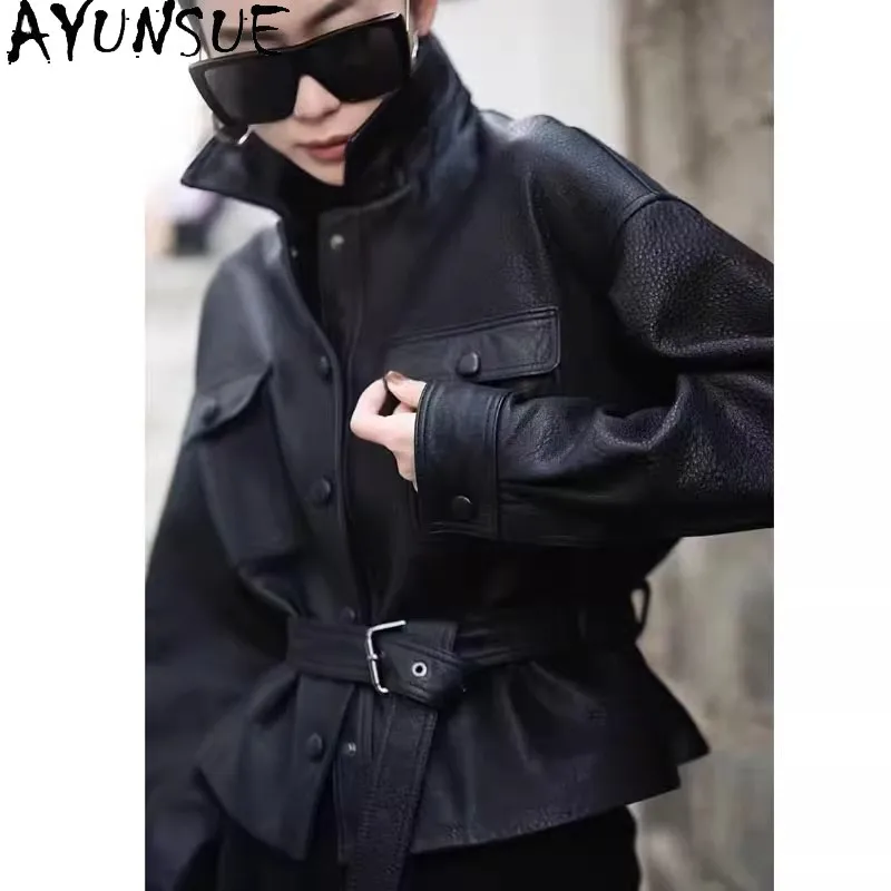AYUNSUE Real Leather Jacket Women Spring Autumn Clothes Elegant Gotaskin Coats Slim Fit Trendy 2026 Belt Sobretudo Feminino