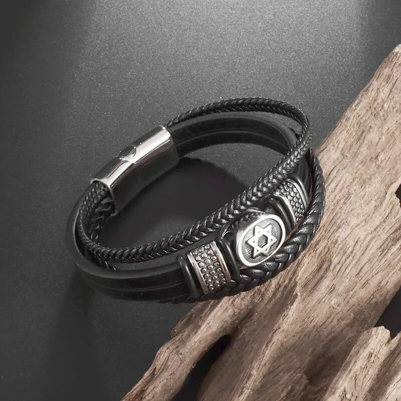 Pulsera de cuero clásica de la estrella judía de David para hombres y mujeres, brazalete hexagonal con cierre magnético, joyería Vintage, regalo de