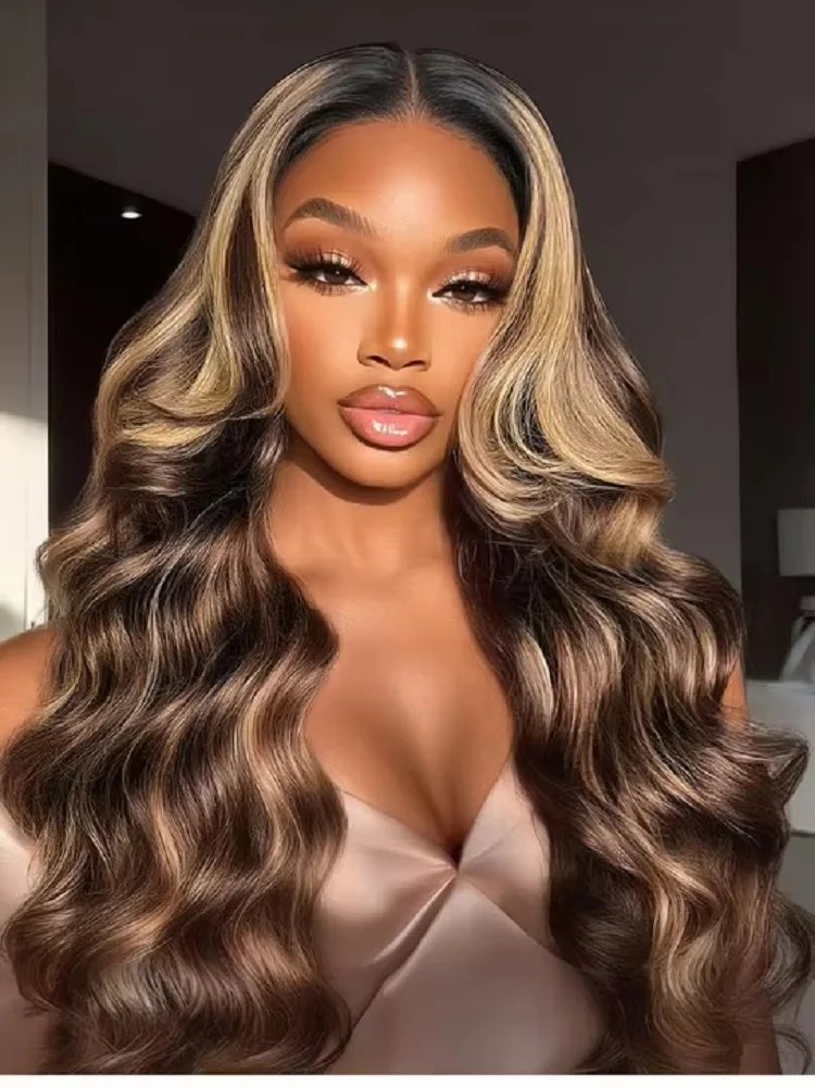 

28 Inch Highlight Ombre Lace Front Wig Human Hair Pre Plucked Body Wave Frontal Wigs 180% Density 4/27 Colored 13x4 Honey Blonde Lace Front Wig Human Hair for Women