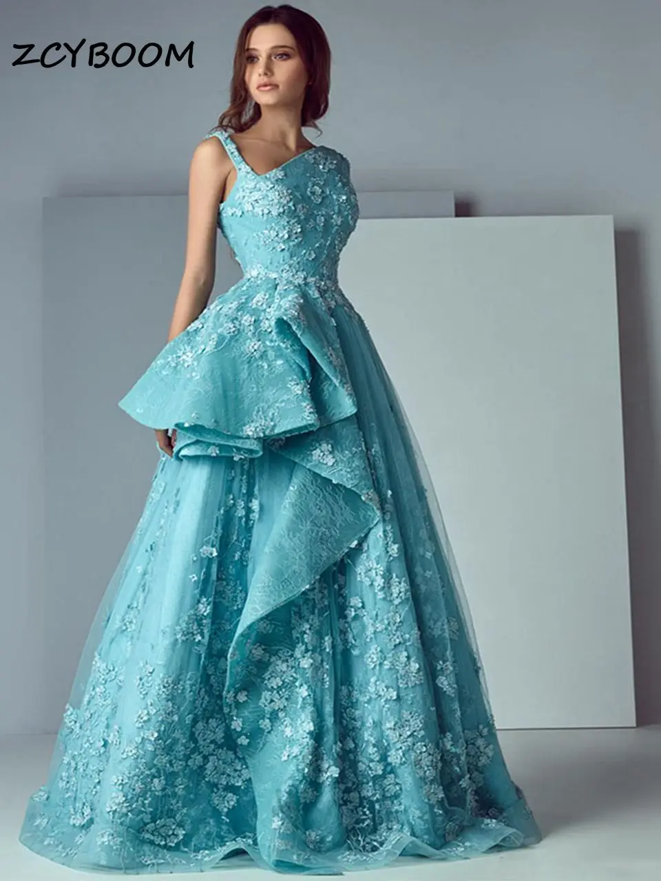 Vestidos de Noche formales con mangas irregulares, color azul cielo, apliques de tul bordados, sin mangas, Vestidos plisados con volantes