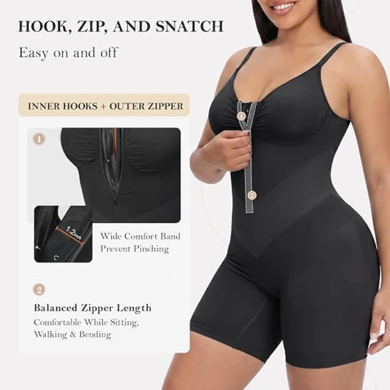 Guudia Zipper Cami Suit Going Out Everyday Wear V-Shaped Zip Up V Neck Boyshort Bodysuit Mid-Thigh Compression Garment Gathering