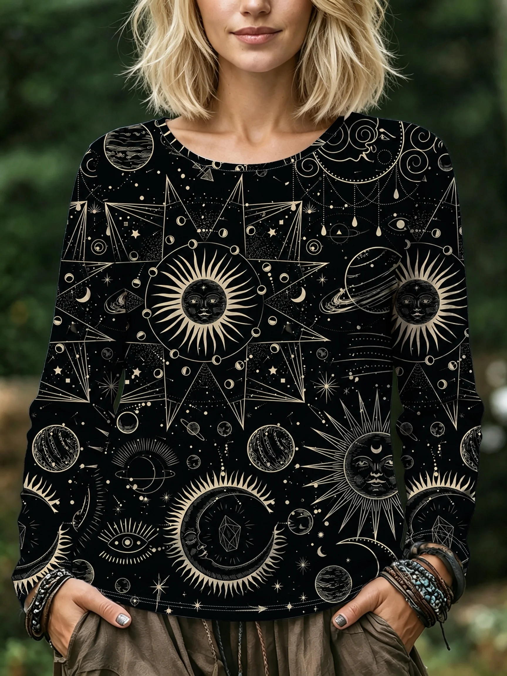 Women Blouse Abstract Colorful Leaf Print Round Neck Long Sleeve Pocket Casual Loose Tops Women's Clothes
