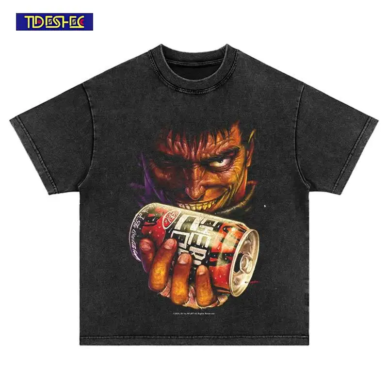 Hip Hop 2025 Japan Harajuku Anime Comic Pattern Print T-Shirt Summer Vintage Streetwear Fashion Washed Oversized Cotton Tshirt