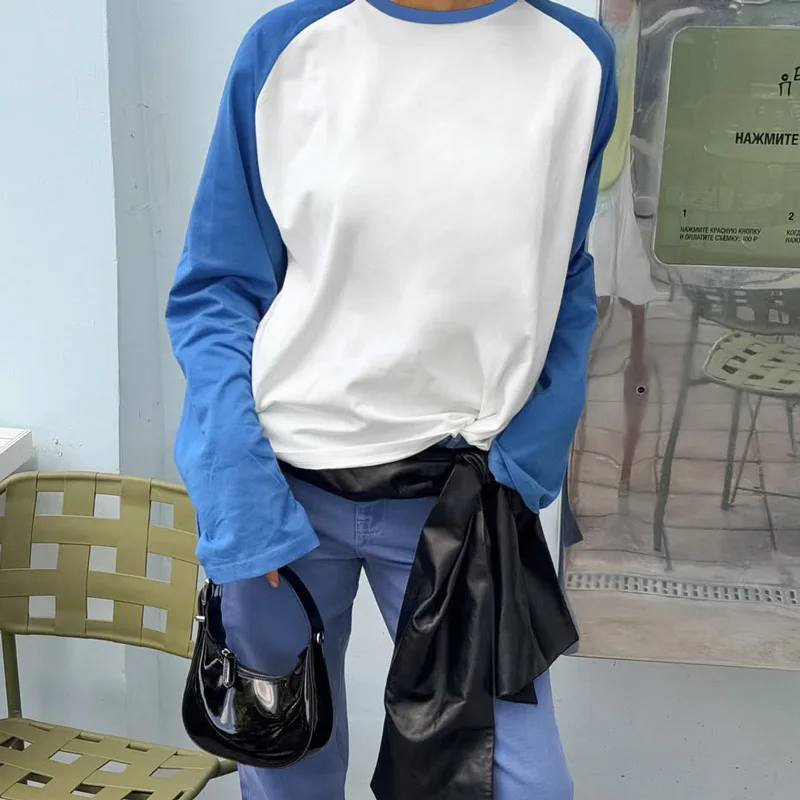 Y2K Color Block Raglan Sleeve T-shirt Long Sleeve Crew Neck Loose Fit Bell Cuff Casual Streetwear Stretchy Women Fall T-shirt