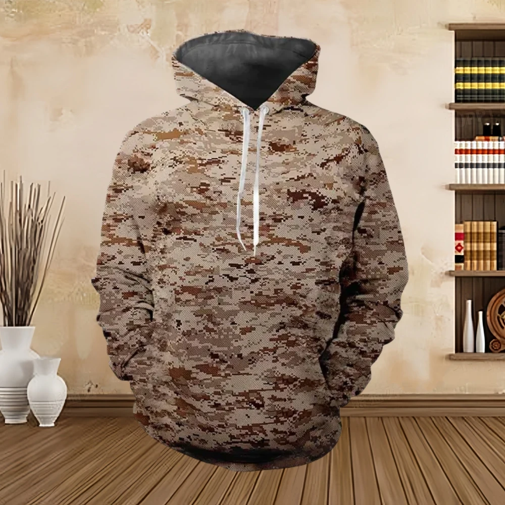 Men\'s Hoodie Militarily Printed Camouflage Patterns Digital Printing Casual Kangaroo Pocket Long Sleeved Hooded Men\'s Clothing